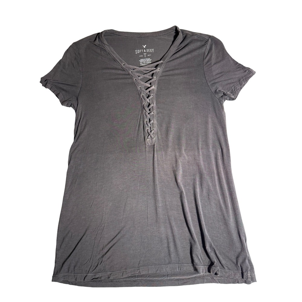 American Eagle Soft & Sexy Lace Up Front T-Shirt Gray XS